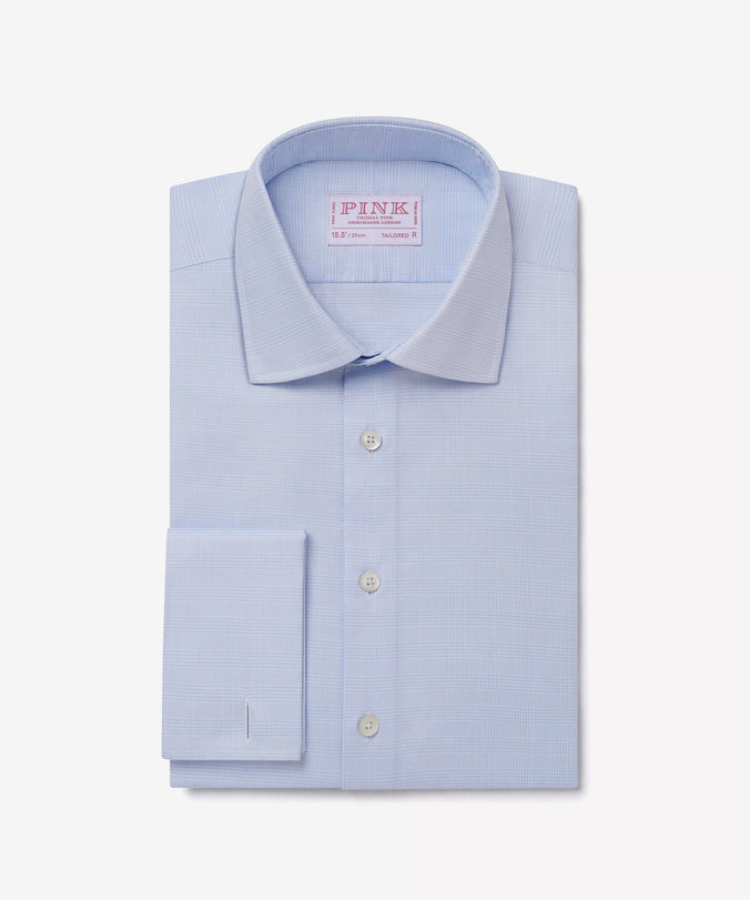 Pale Blue & White Tailored Fit Double Cuff Small POW Check Formal Shirt