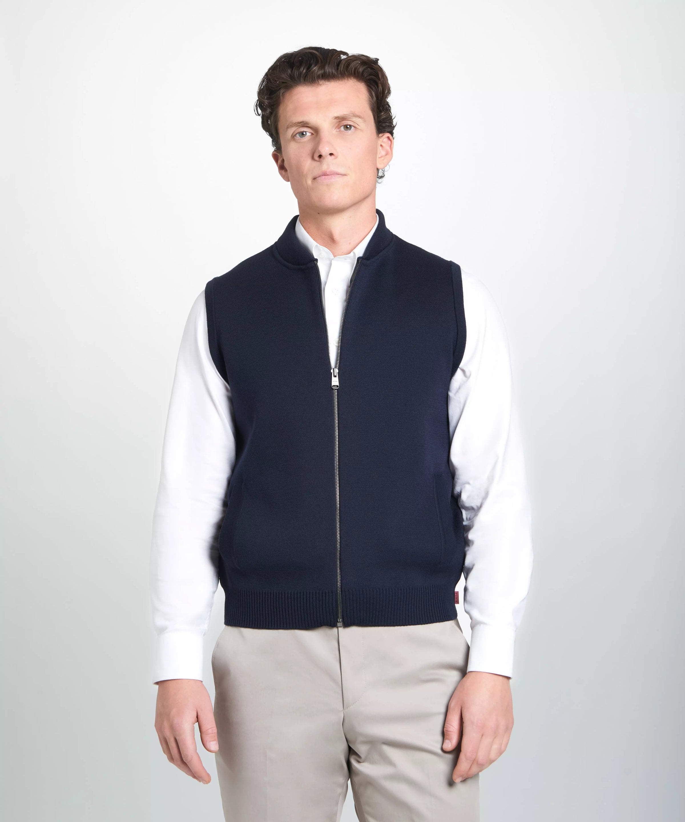Navy Blue Knitted Merino Wool Zipper Gilet