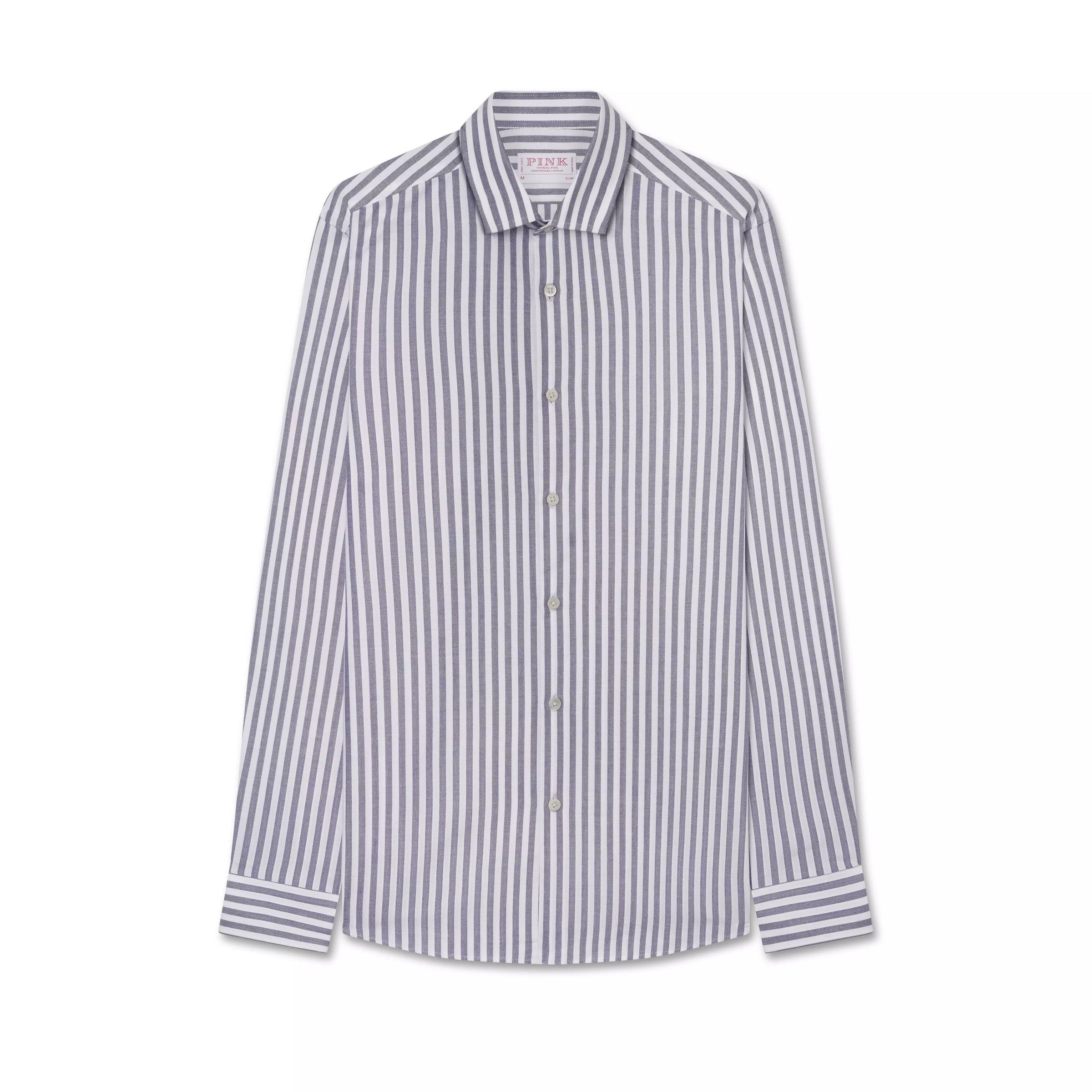 Navy Blue & White Slim Fit Smart Casual Striped Oxford Shirt